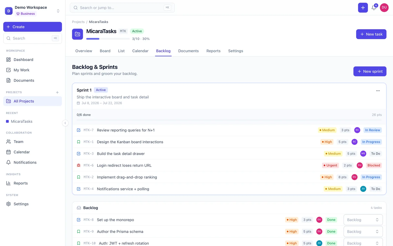MicaraTasks — Sprints & backlog