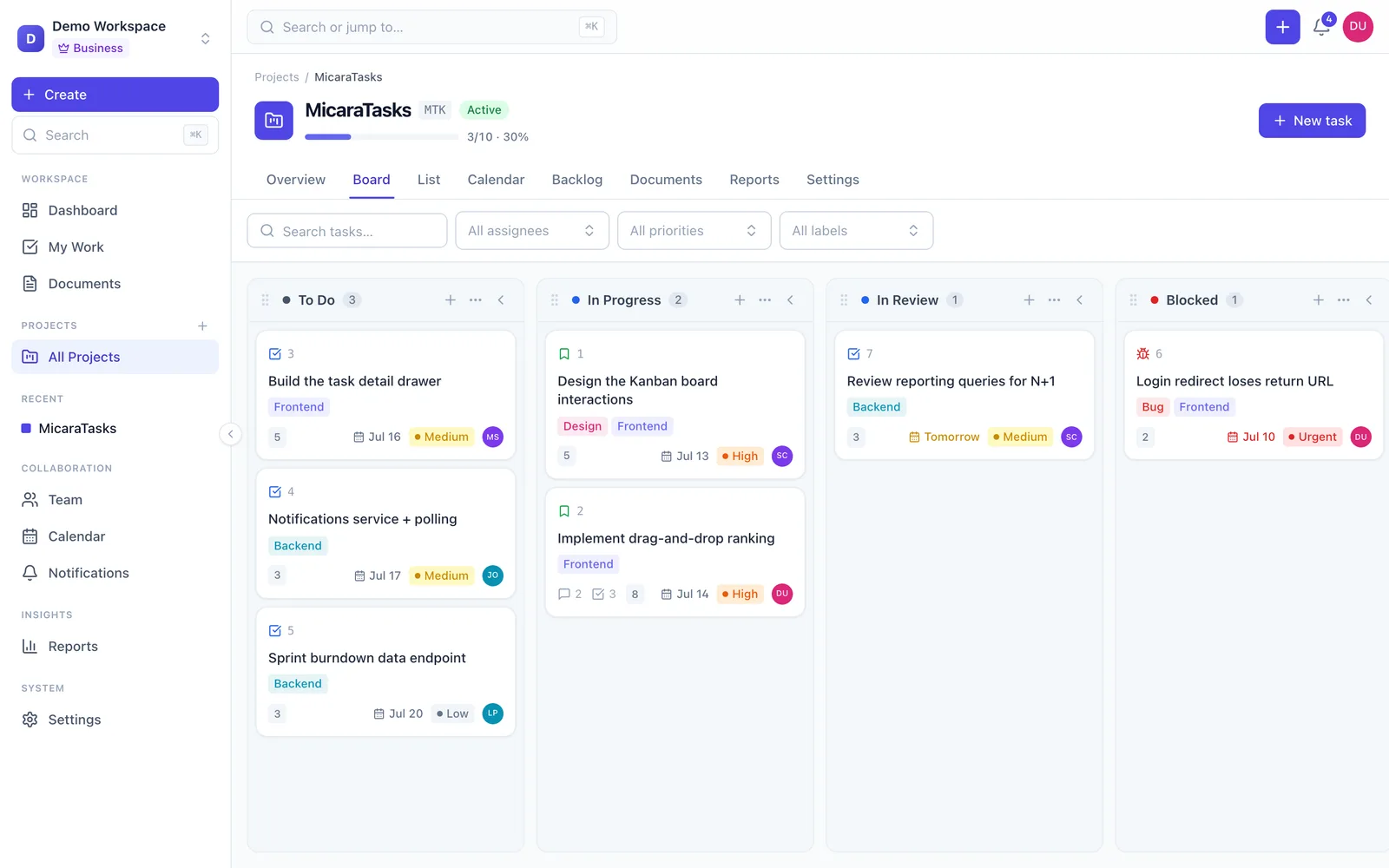 MicaraTasks Kanban board with To Do, In Progress, In Review and Blocked columns