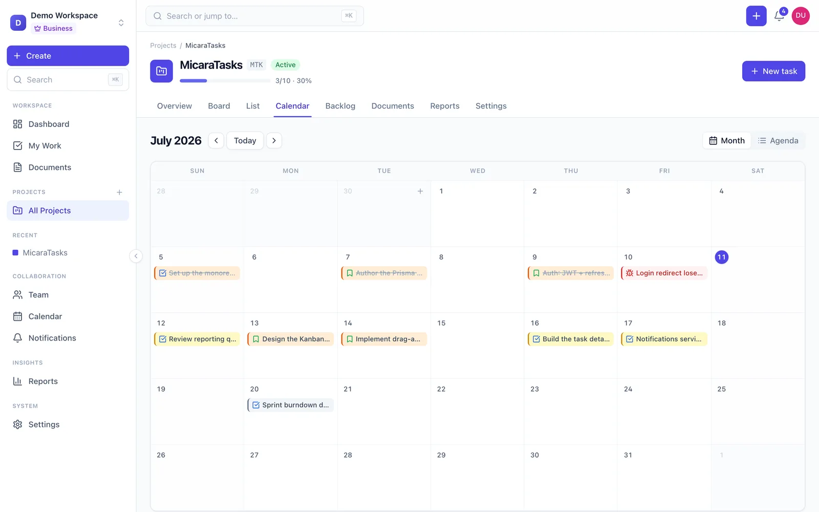 MicaraTasks project calendar