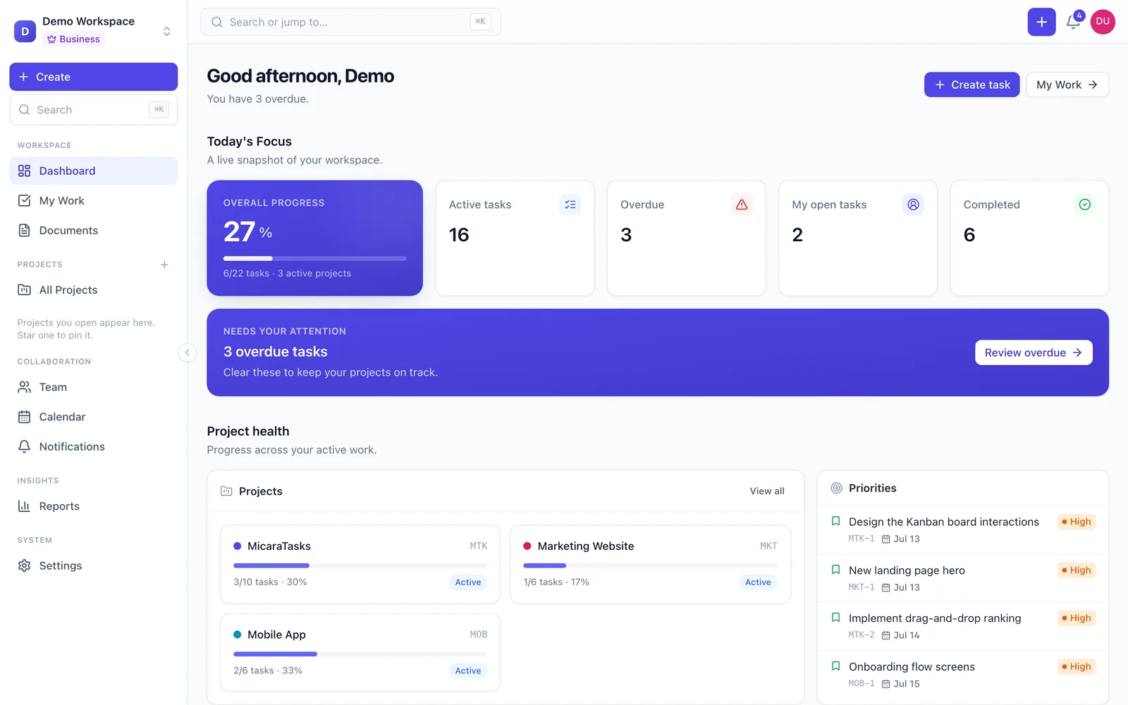 MicaraTasks — Dashboard