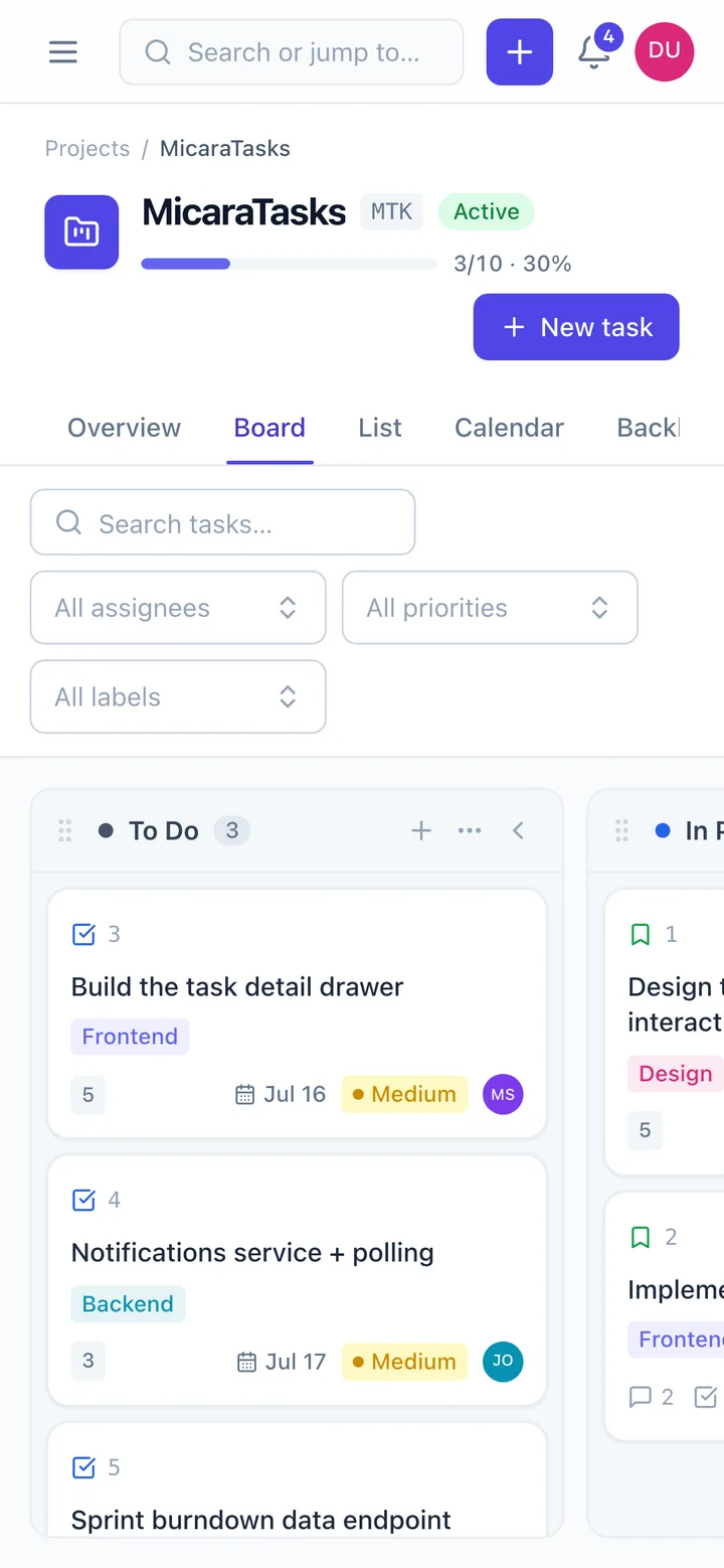 MicaraTasks board on mobile