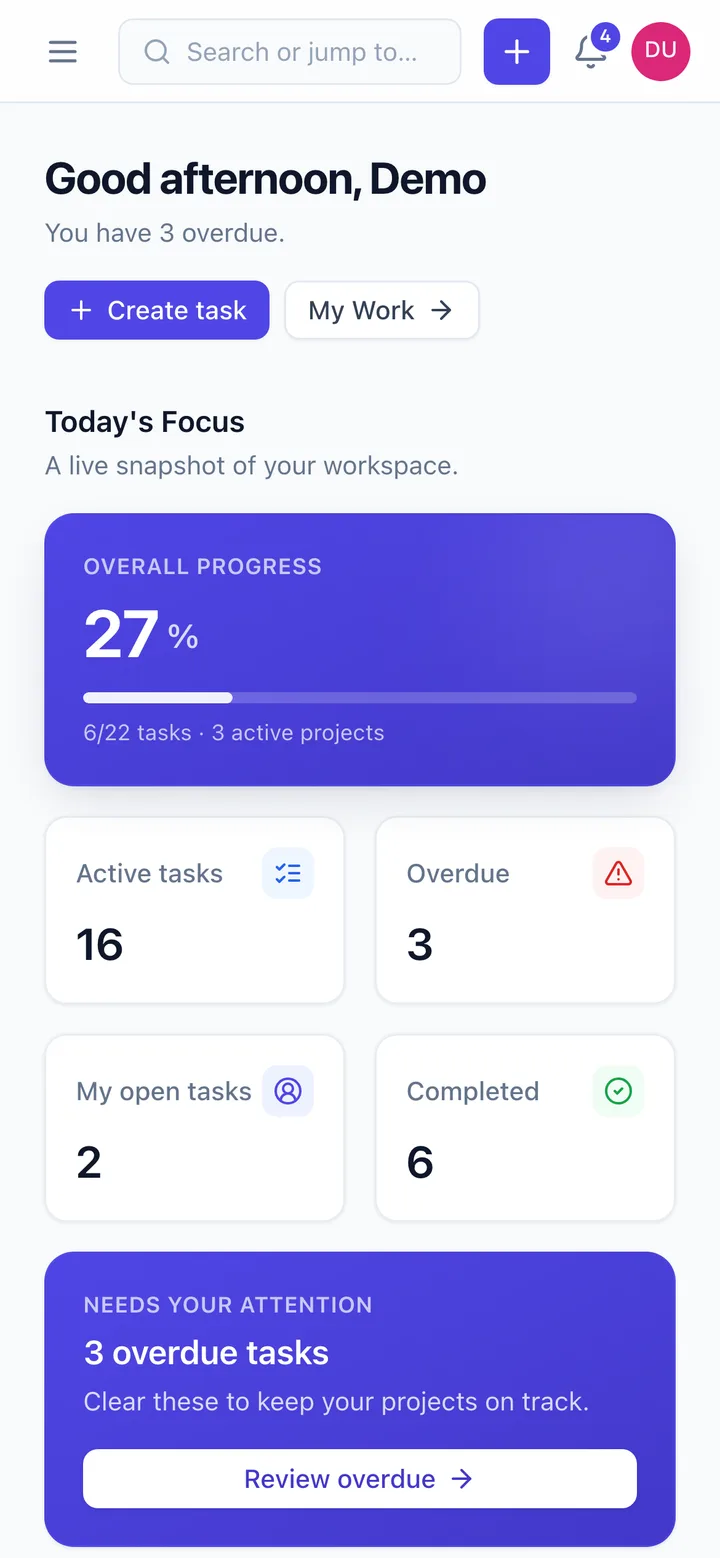 MicaraTasks dashboard on mobile