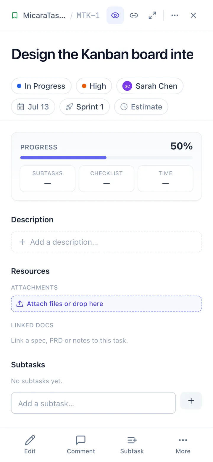 MicaraTasks task detail on mobile